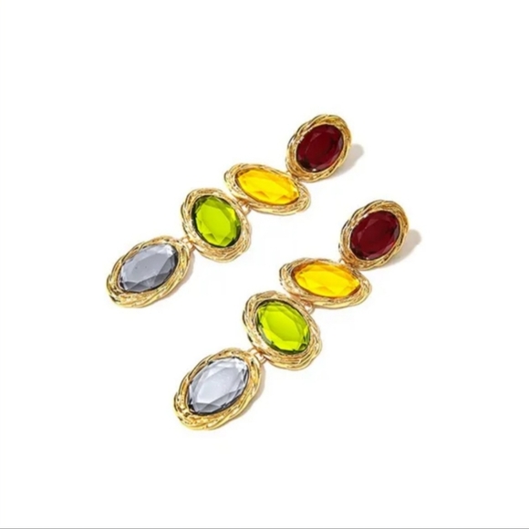New Colorful Oval Gem Party Long-Drop Earrings - Picture 3 of 4